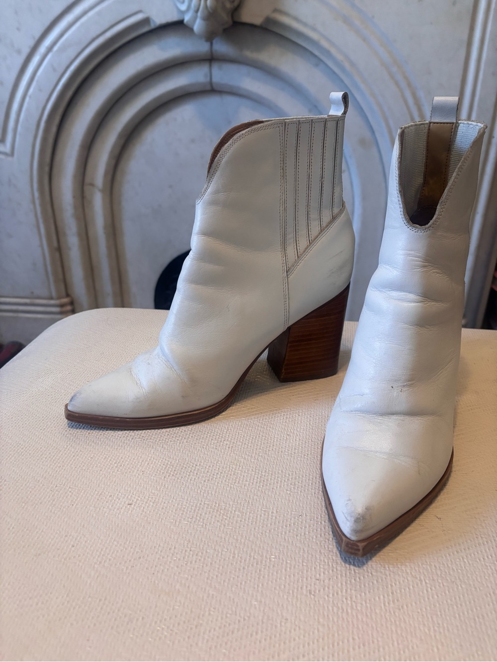 Marc Fisher White Pointed Toe Leather Block Heel Ankle Booties
